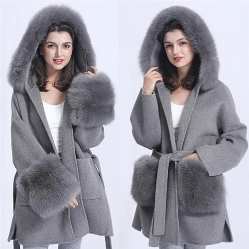 Women's Fur Cuffs Cashmere Wool Coat VS Fur Pockets Cashmere Wool Coat
