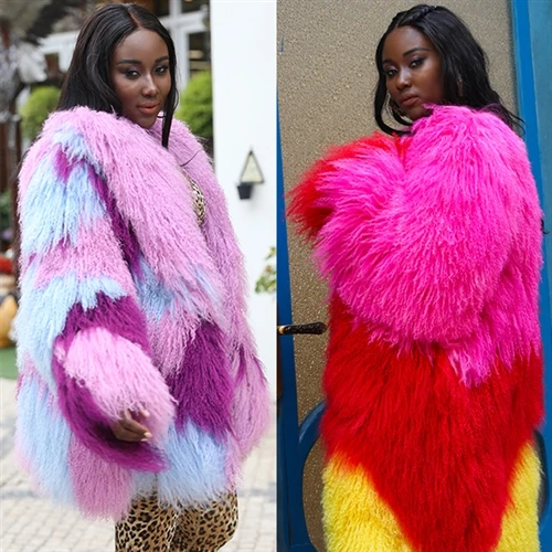 How to Stylishly Match a Women's Multicolor Blocked Real Mongolian Fur Coat?