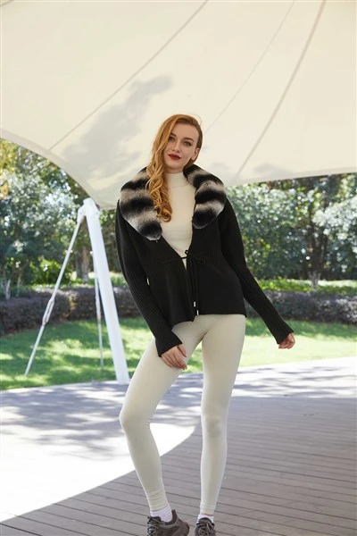 Fur Trim Cardigan Black